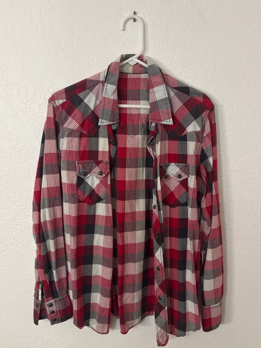 Men's Western Pearl Snap Plaid Shirt Long Sleeve Red Gray White Cowboy
